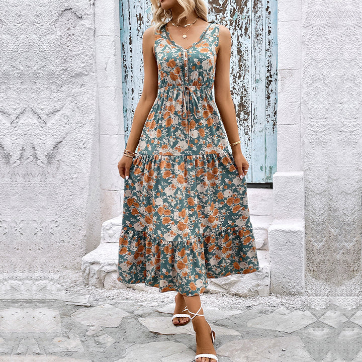 Damen Maxikleid mit floralem Design, elastischem Taillenzug und Rüschendetails Drune