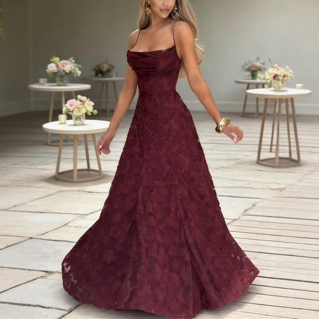 Damen Elegantes Maxikleid mit floralem Spitze-Design und verstellbaren Spaghettiträgern Drune