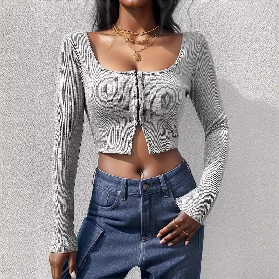 Damen Cropped Oberteil mit Reißverschluss und langem Arm Drune
