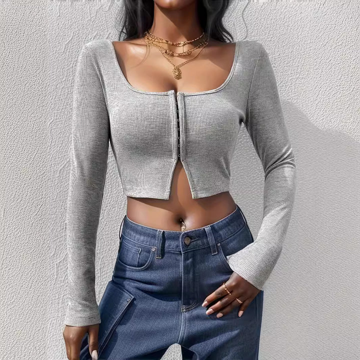 Damen Cropped Oberteil mit Reißverschluss und langem Arm Drune