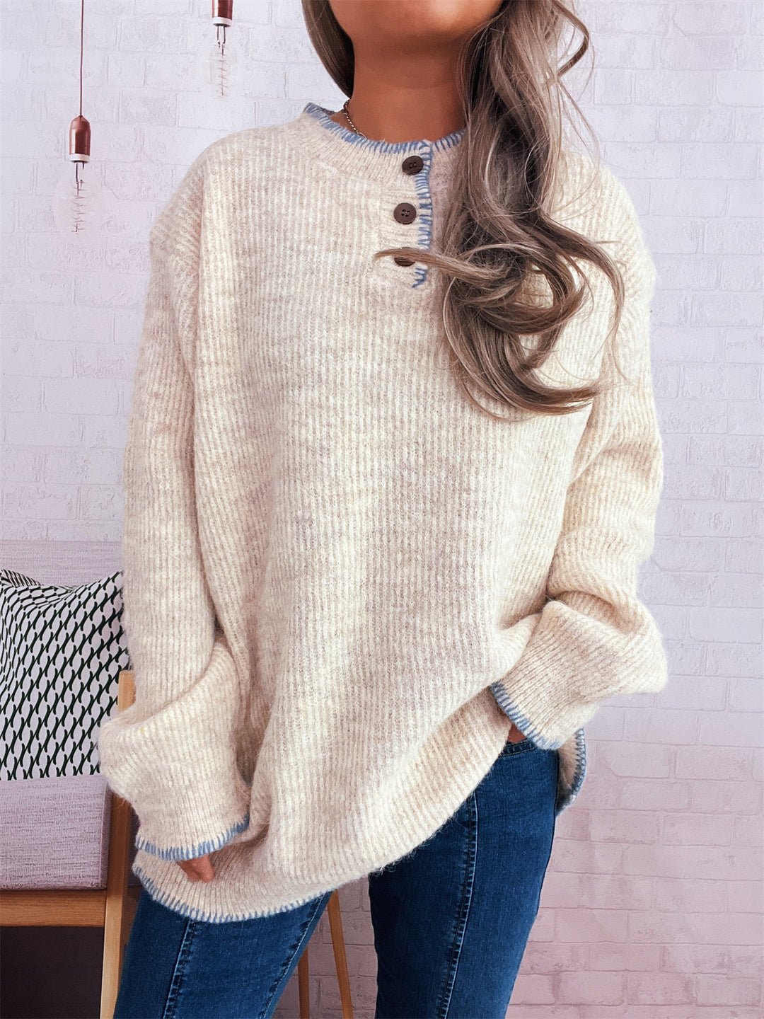 Damen Oversize Strickpullover mit Knopfleiste Drune