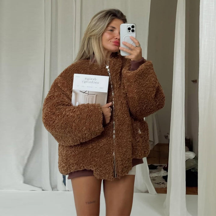 Damen gemütliche Teddyjacke mit hohem Kragen Drune