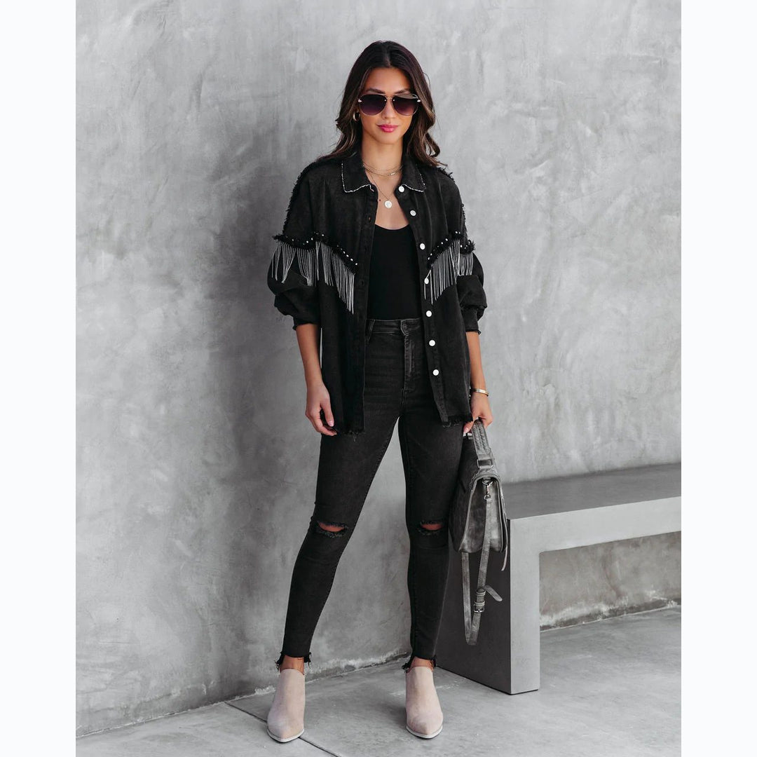 Drune | Schwarze Denim-Jacke mit Fransen - Kühn & Trendy - Knopfleiste - Lässiger Street Style