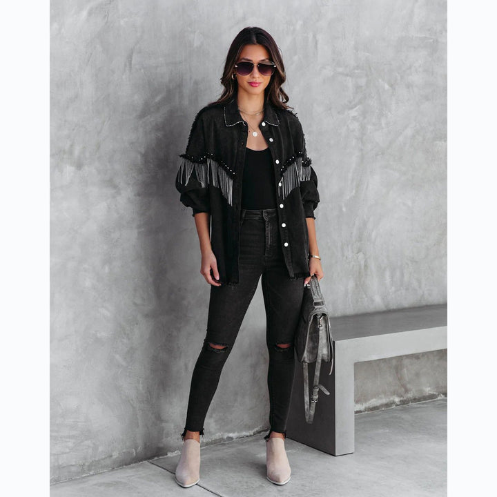 Drune | Schwarze Denim-Jacke mit Fransen - Kühn & Trendy - Knopfleiste - Lässiger Street Style