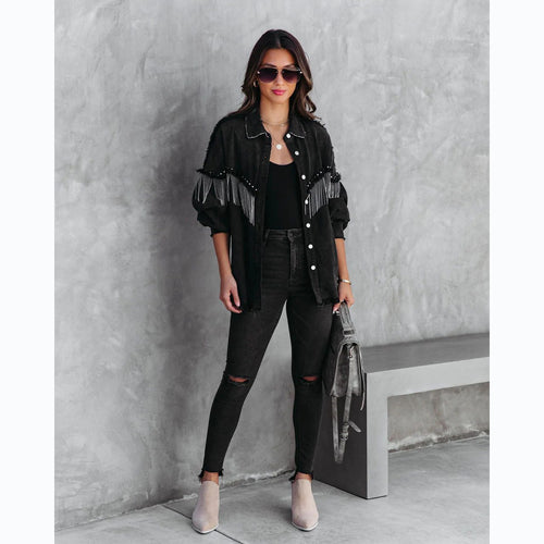 Drune | Schwarze Denim-Jacke mit Fransen - Kühn & Trendy - Knopfleiste - Lässiger Street Style