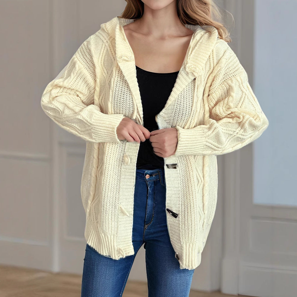Damen Grobstrick-Kapuzen-Cardigan mit dekorativem Zopfmuster Drune