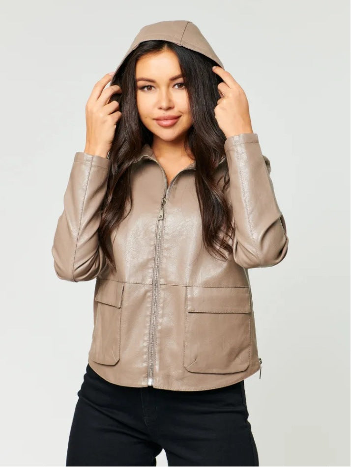 Damen Kunstlederjacke mit angeschnittenem Hoodie und praktischen Taschen Drune