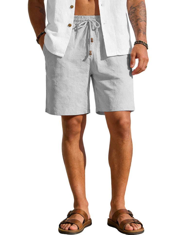 Herren nan leichte Strand-Bermuda aus Leinenmix mit Elastikbund Kordelzug und Zierknopfleiste Drune