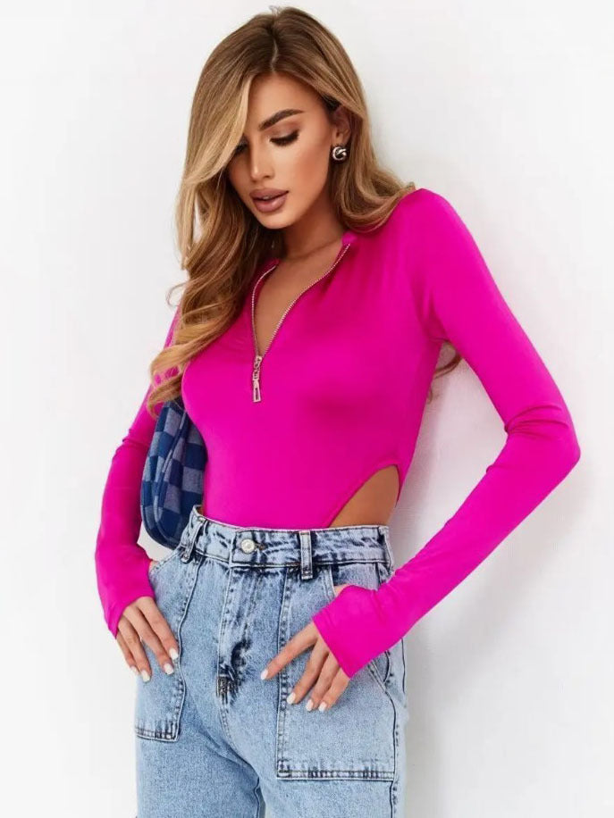 Damen Langarm-Bodys mit Reißverschluss und seitlichem Cut-Out Drune