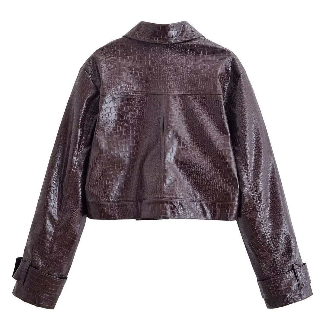 Damen nan gerade geschnittene Kunstlederhose mit Krokoprägung und hoher Taille Drune