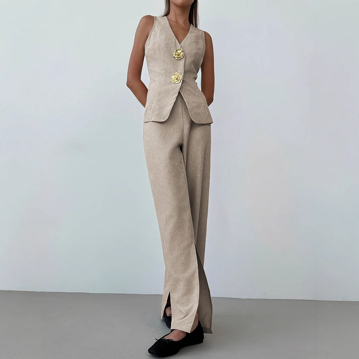 Damen elegantes Ensemble aus ärmellosem Blazer und weiten Hosen Drune