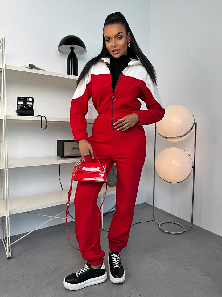 Damen lässiger Fleece-Overall mit elegantem Reißverschluss und Kapuze Drune