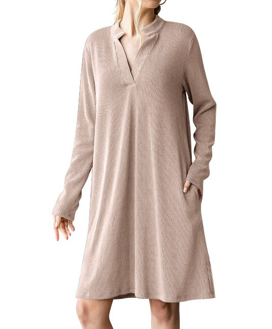 Damen lässiges Langarmkleid mit Knopfleiste und Taschen Drune