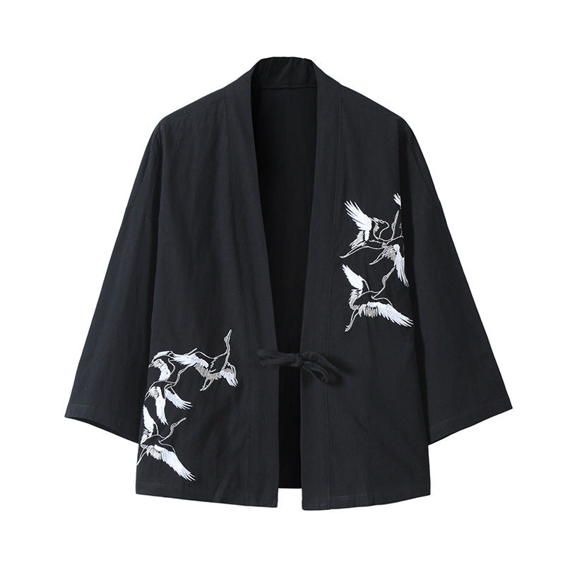 Unisex nan japanisch inspirierte Kimonojacke mit Kranichstickerei und Bindeschließe Drune