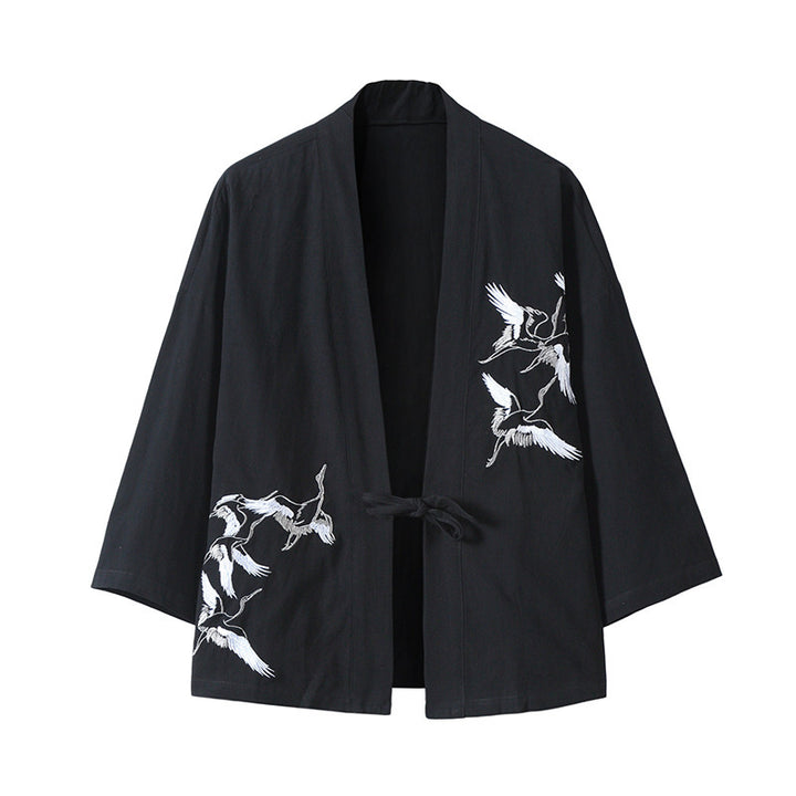 Unisex nan japanisch inspirierte Kimonojacke mit Kranichstickerei und Bindeschließe Drune