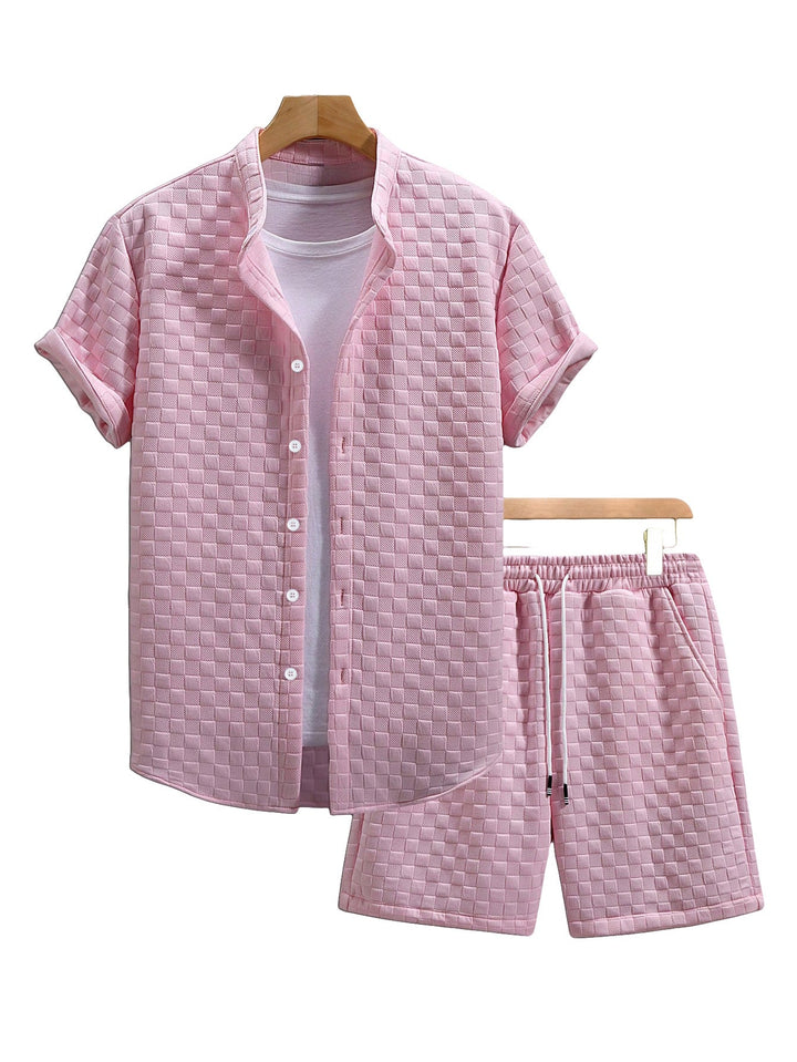 Herren nan zweiteiliges Sommerensemble mit Stehkragen-Hemdjacke und elastischen Komfort-Shorts in geprägter Karo-Textur Drune