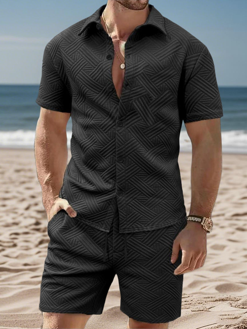 Herren nan geprägtes Strand-Ensemble mit offenem Kurzarm-Hemd und Kordel-Bermuda Drune