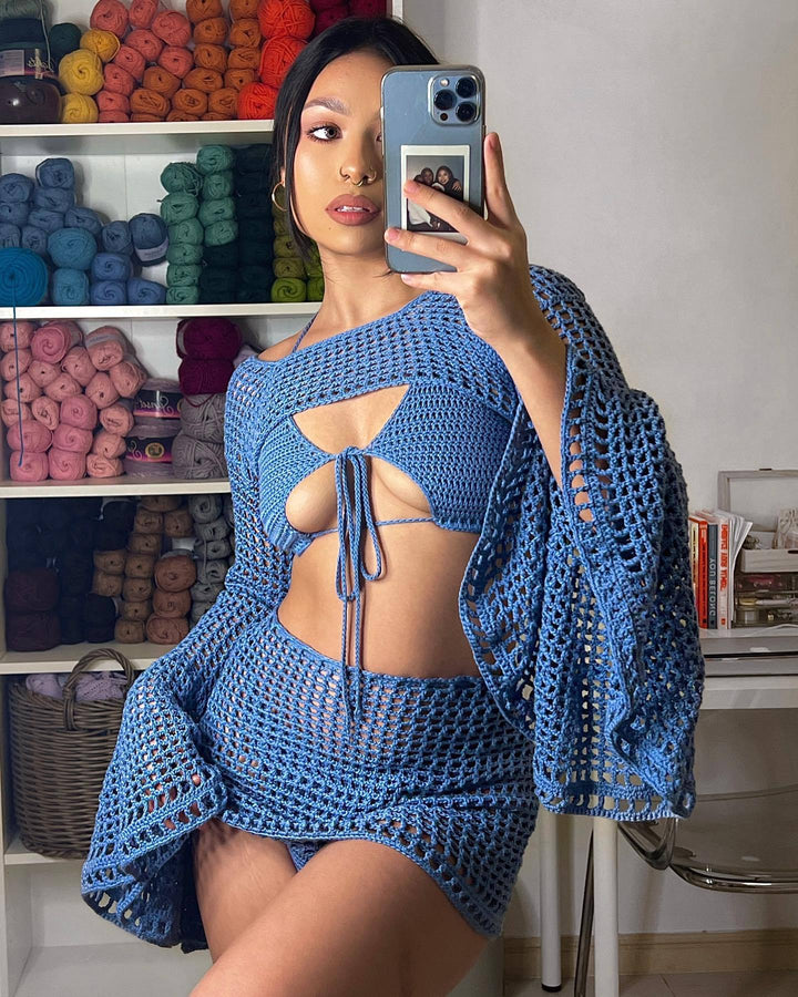 Damen gehäkeltes Strandoutfit mit verspielten Rüschendetails Drune