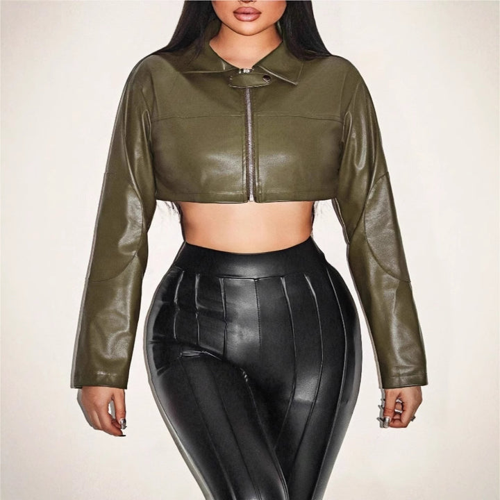 Damen cropped Kunstlederjacke mit innovativem Reißverschluss Drune