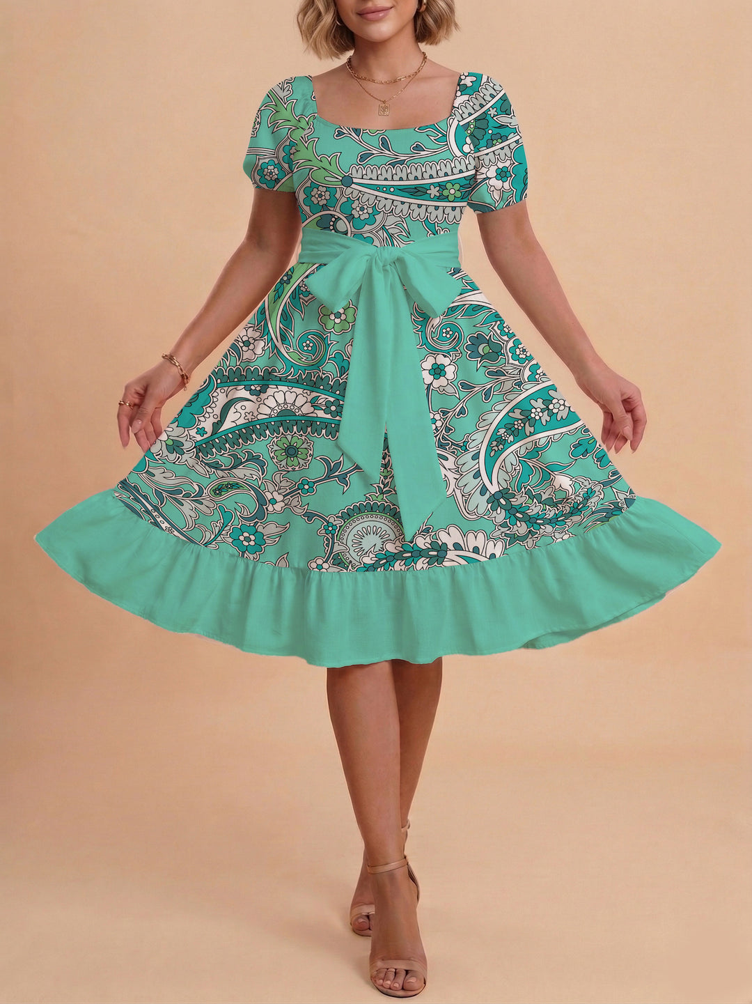 Damen A-Linien-Kleid mit floralen Motiven und taillierbarem Gürtel Drune