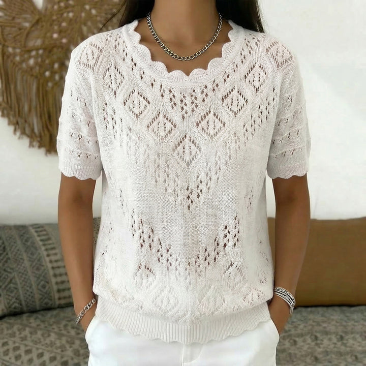 Damen nan kurzärmeliger Spitzenstrickpullover mit Ajourmuster und geschwungenem Ausschnitt Drune