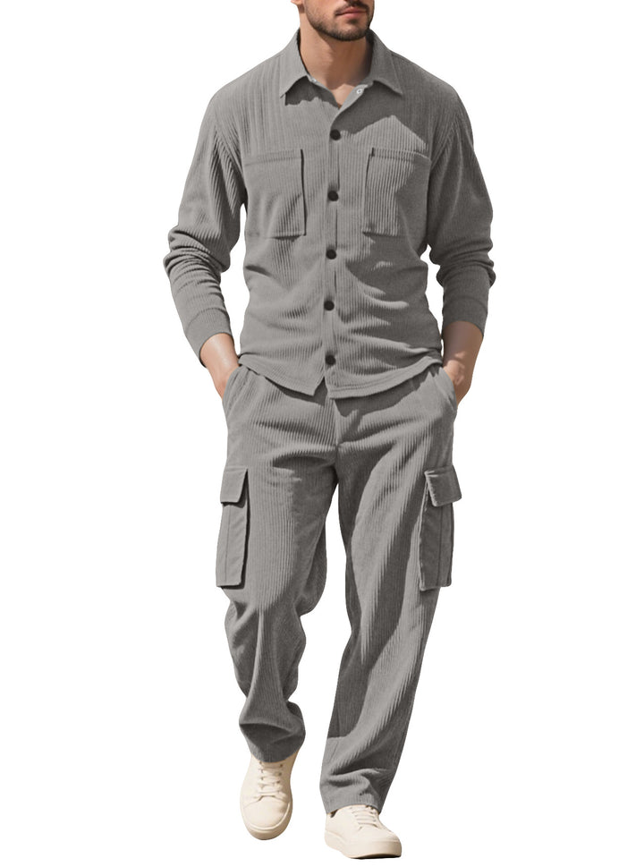 Herren nan geripptes Worker-Hemd mit Brusttaschen und entspannter Cargohose Drune