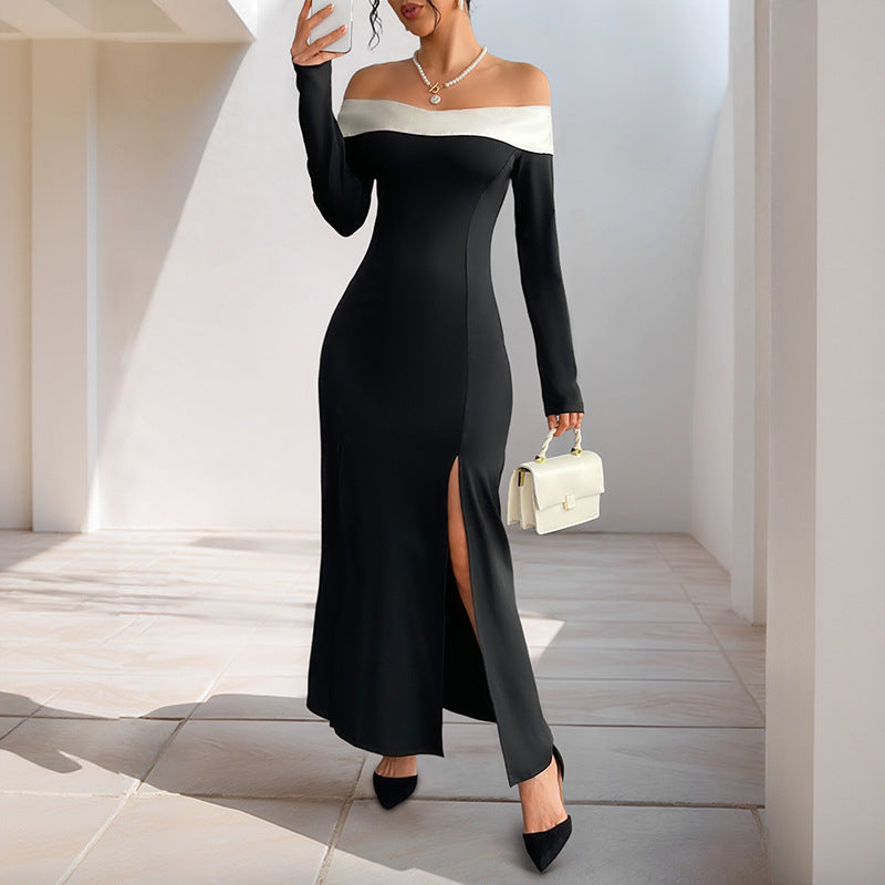Damen elegantes Off-Shoulder-Maxi-Kleid mit seitlichem Schlitz und langen Ärmeln Drune
