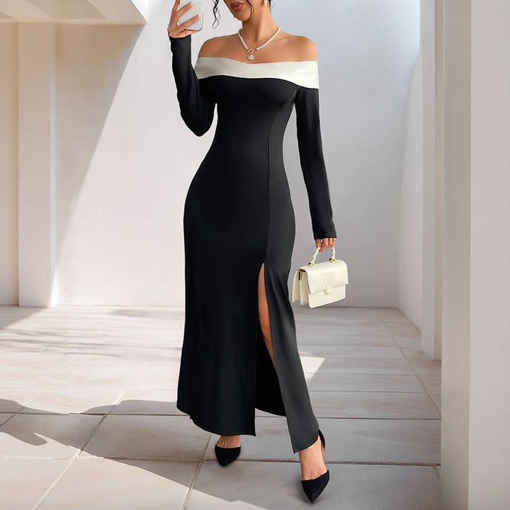 Damen elegantes Off-Shoulder-Maxi-Kleid mit seitlichem Schlitz und langen Ärmeln Drune