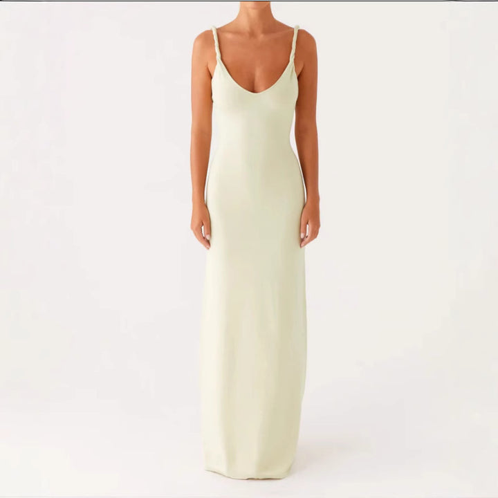 Damen Langarm-Maxikleid aus hochwertigem, elastischem Material mit tiefem V-Ausschnitt und eleganten Spaghetti-Trägern Drune