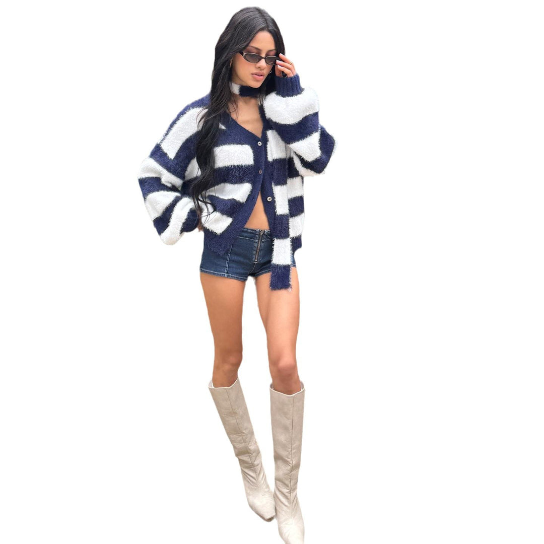 Damen Flauscher Strickjacke mit auffälligem Karomuster und weiten Ärmeln Drune
