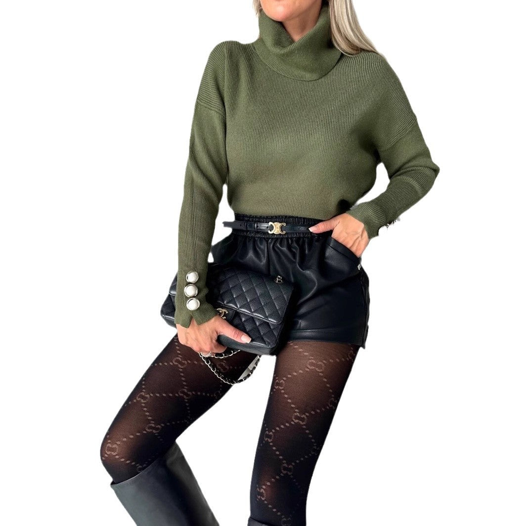 Damen Strickpullover mit hohem Kragen und dekorativen Knöpfen Drune