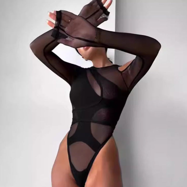 Damen Trendy Bodysuit mit asymmetrischem Design und transparenten Einsätzen Drune