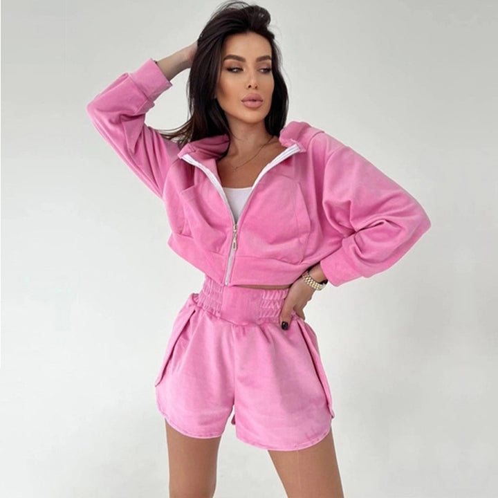 Damen sportliches Zweiteiler-Set mit kurzem Hoodie und bequemen Shorts Drune