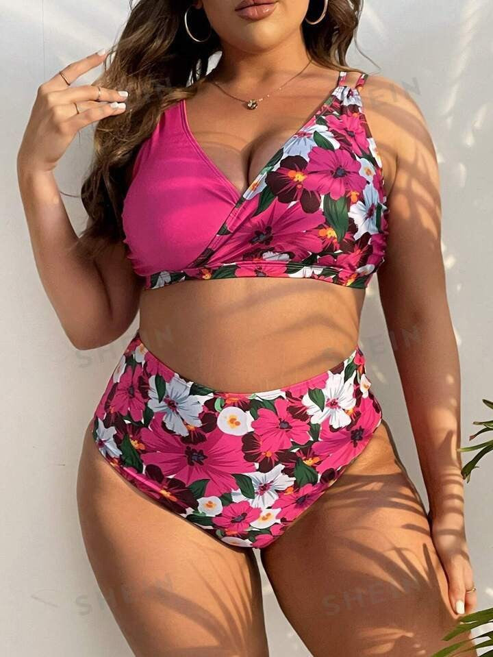 Damen Hochgeschnittener Bikini mit Wickeldesign und floralem Muster Drune