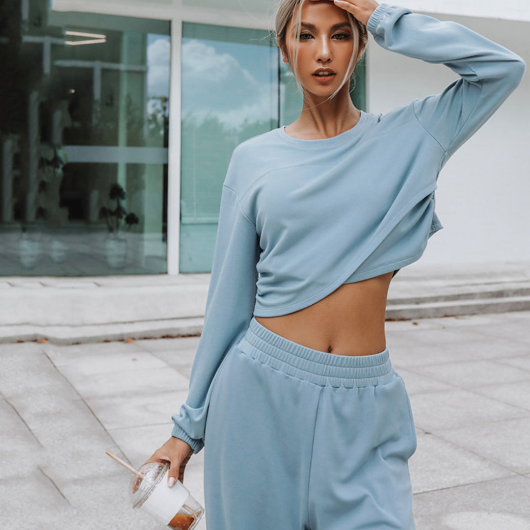 Damen nan weites Lounge-Hosen-Set mit hohem Komfortbund und kurzem Sweatshirt Drune