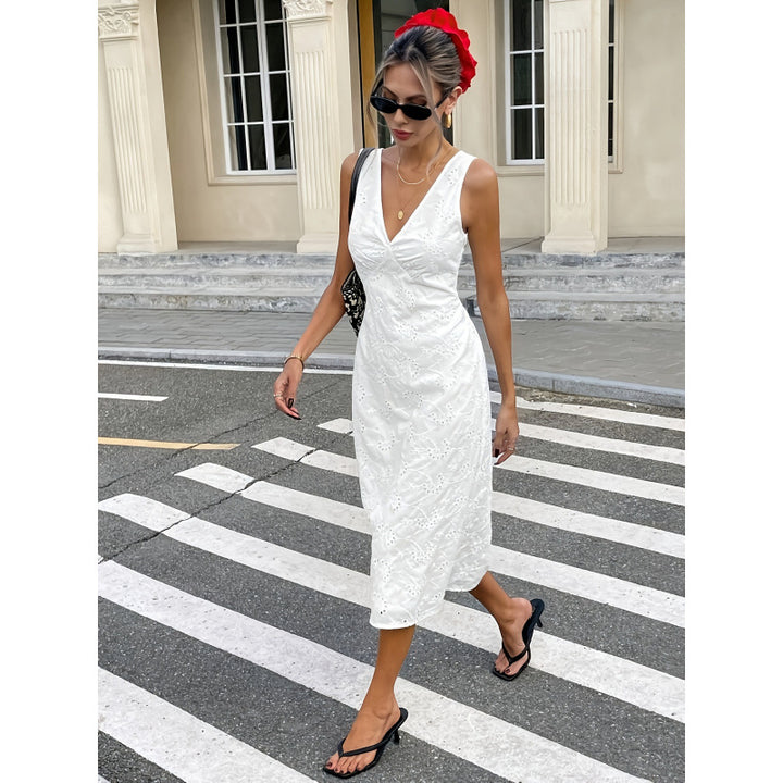 Damen Midikleid mit eleganter Lochstickerei und V-Ausschnitt Drune