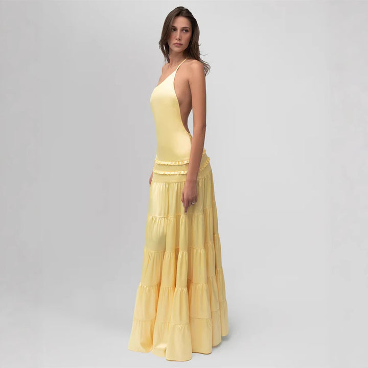 Damen elegantes asymmetrisches Maxikleid mit Rüschendetails Drune