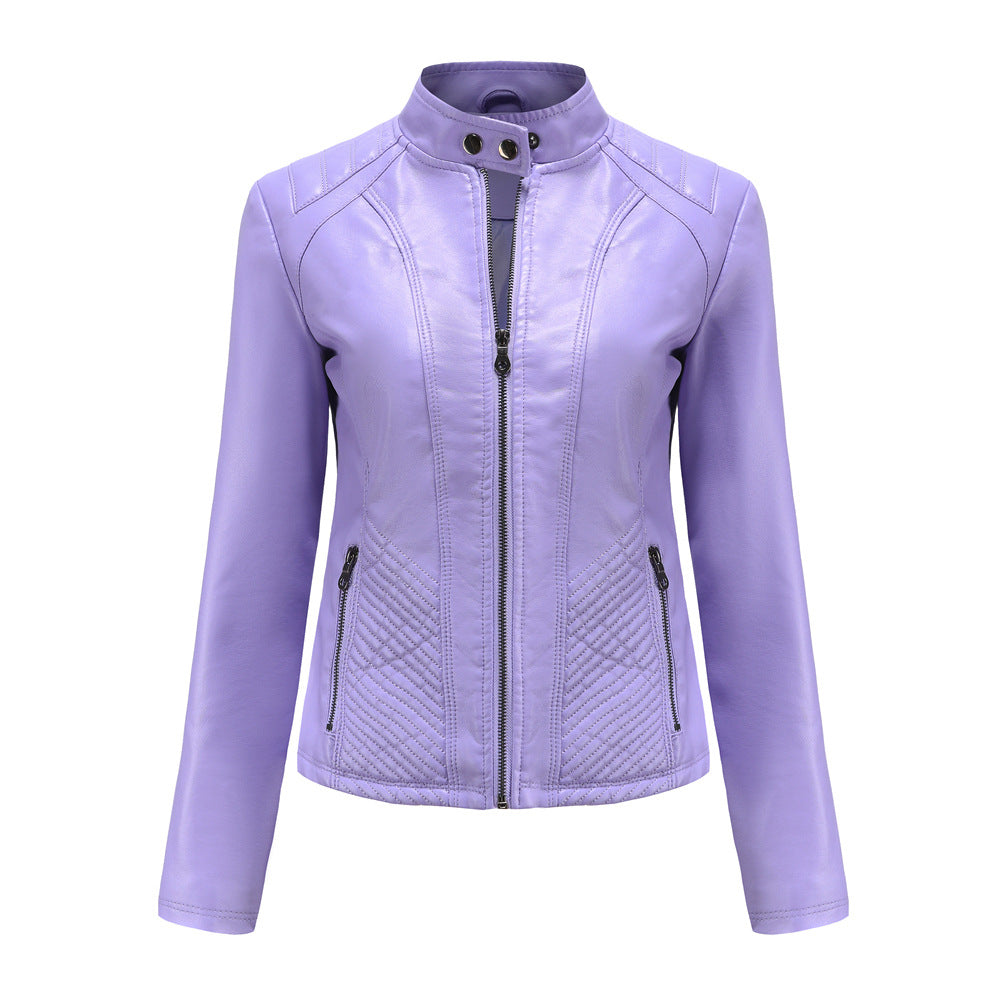 Damen nan taillierte Kunstlederjacke im Bikerstil mit Stehkragen und gesteppter Seitenpartie Drune