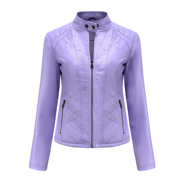 Damen nan taillierte Kunstlederjacke im Bikerstil mit Stehkragen und gesteppter Seitenpartie Drune