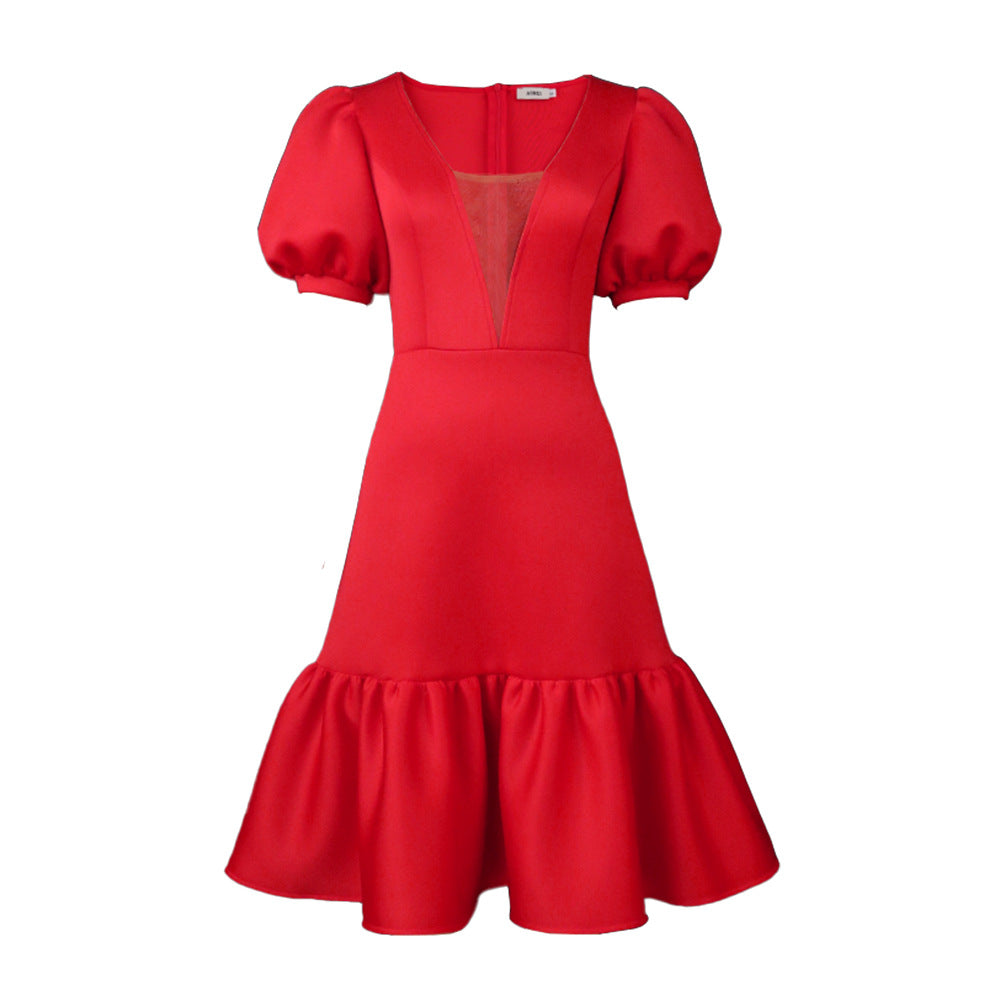 Damen elegantes Wickelkleid mit voluminösen Puffärmeln und Rüschensaum Drune