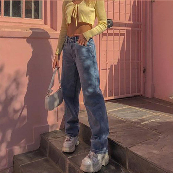 Damen weite High-Waist Jeans mit lässigem Schnitt und modischen Akzenten Drune