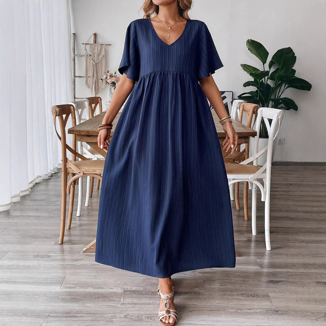 Damen Maxikleid mit feinen Falten und V-Ausschnitt Drune