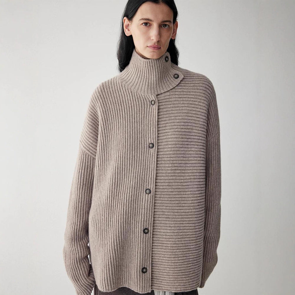 Damen Relaxed Strickjacke mit hohem Kragen und Knopfdetails Drune