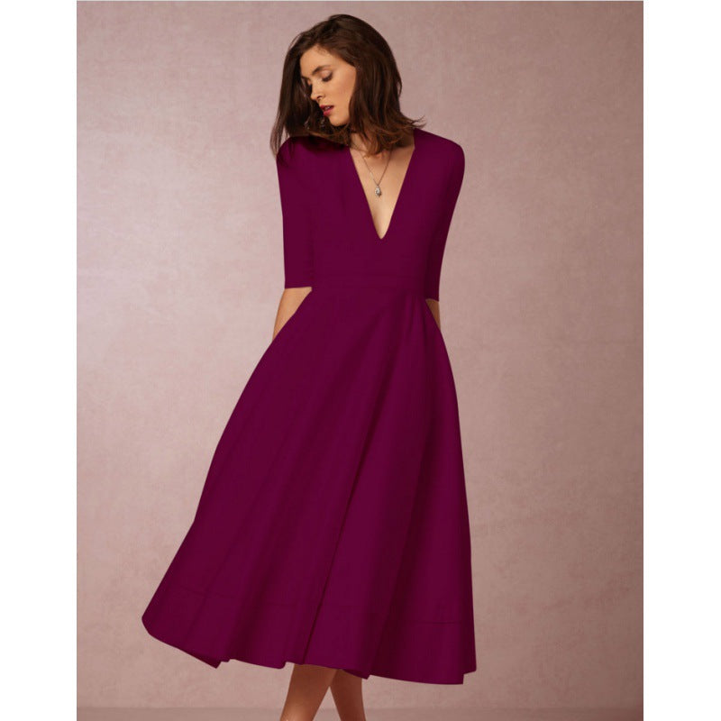 Damen Maxikleid mit tiefem V-Ausschnitt und schwingendem Rock Drune