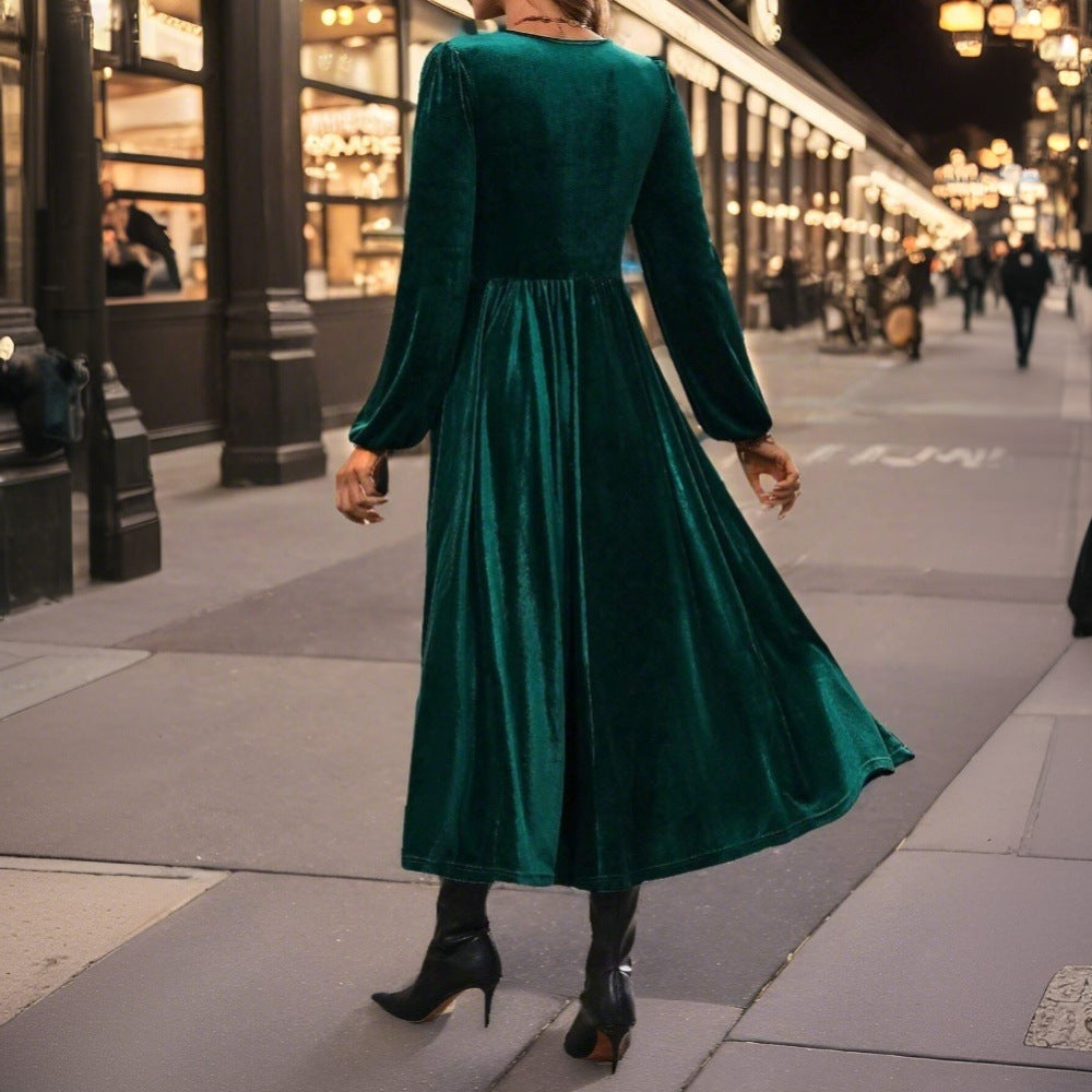 Damen Samt Midi-Kleid mit elegantem Wickeldesign und tiefem V-Ausschnitt Drune