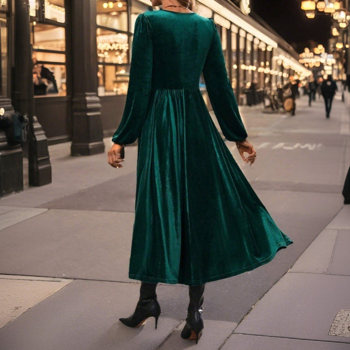 Damen Samt Midi-Kleid mit elegantem Wickeldesign und tiefem V-Ausschnitt Drune