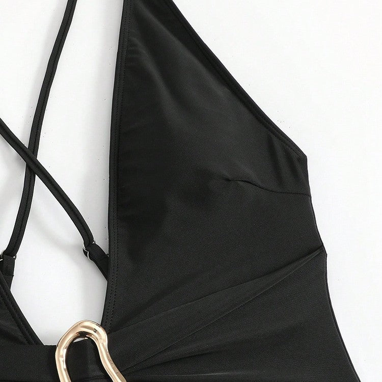 Damen Einteiler Badeanzug mit tiefem V-Ausschnitt und elegantem Gürtel Drune
