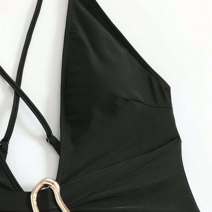 Damen Einteiler Badeanzug mit tiefem V-Ausschnitt und elegantem Gürtel Drune