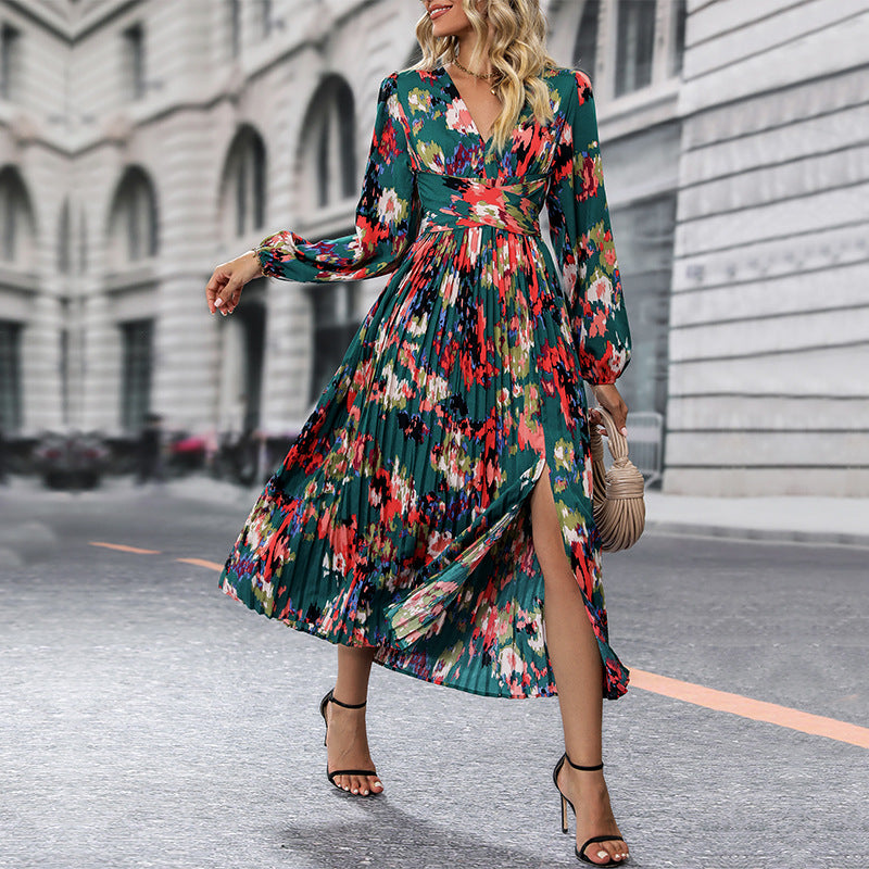 Damen Maxikleid mit floralem Design und elegantem Schlitz Drune