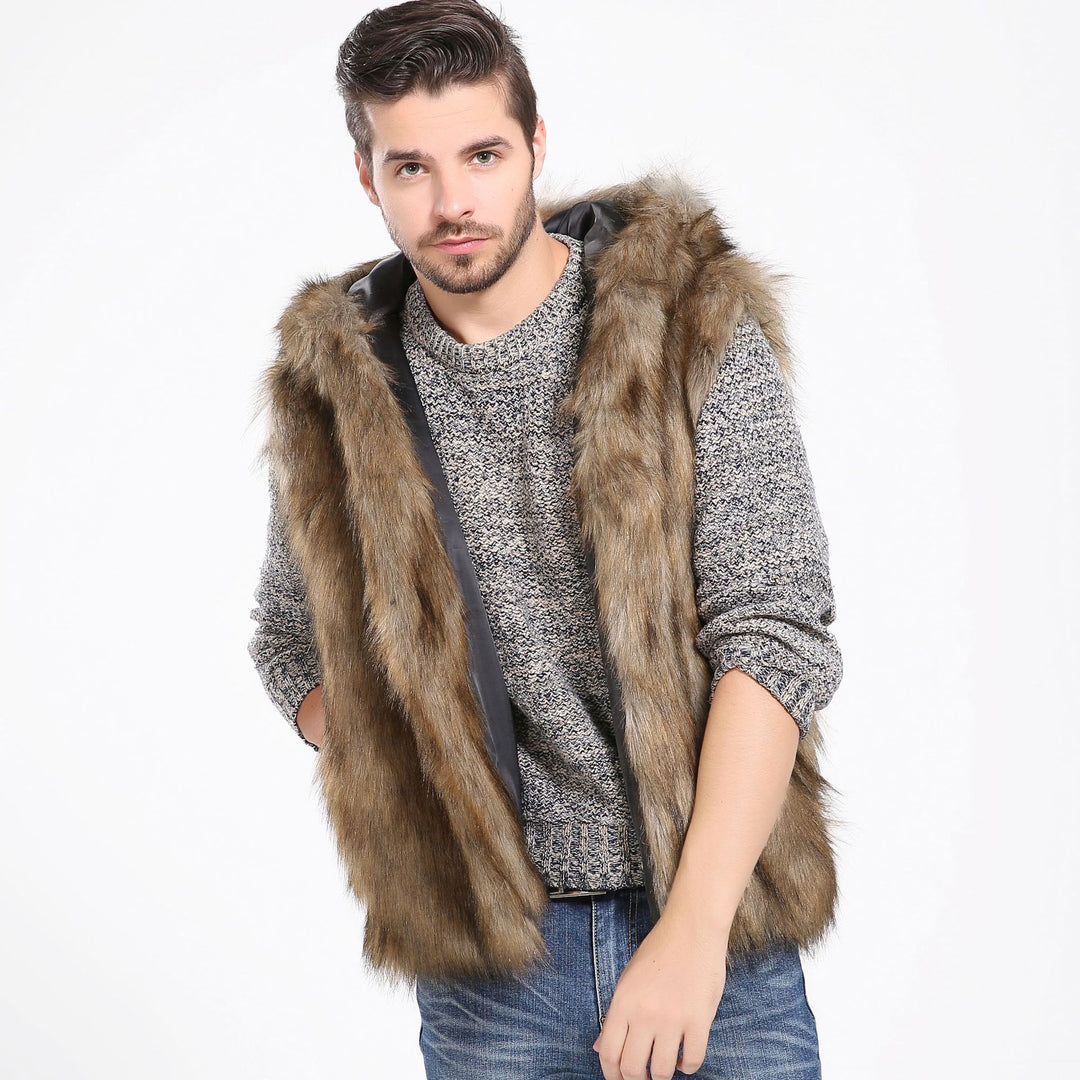 Herren Elegante Kunstpelzjacke mit Kapuze und seitlichen Taschen Drune